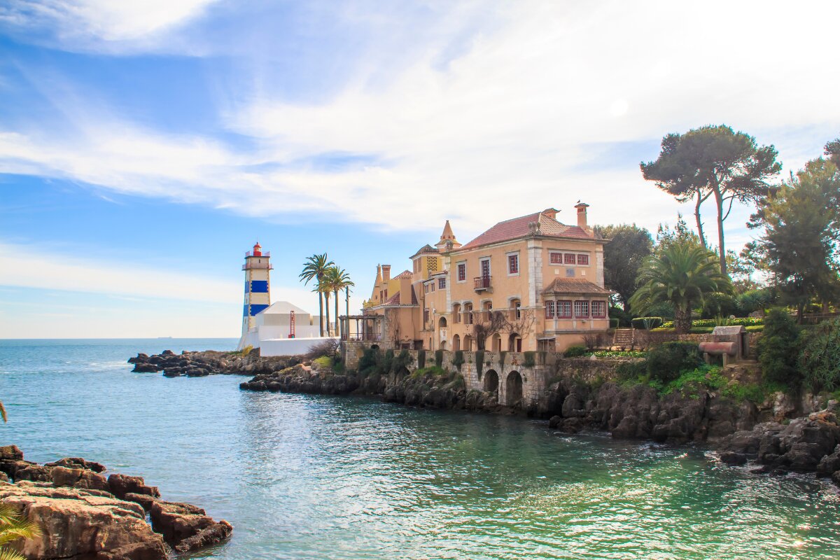 Santa Marta Lighthouse and the Santa Marta Museum overlooking the Atlantic coast in Cascais, Portugal.