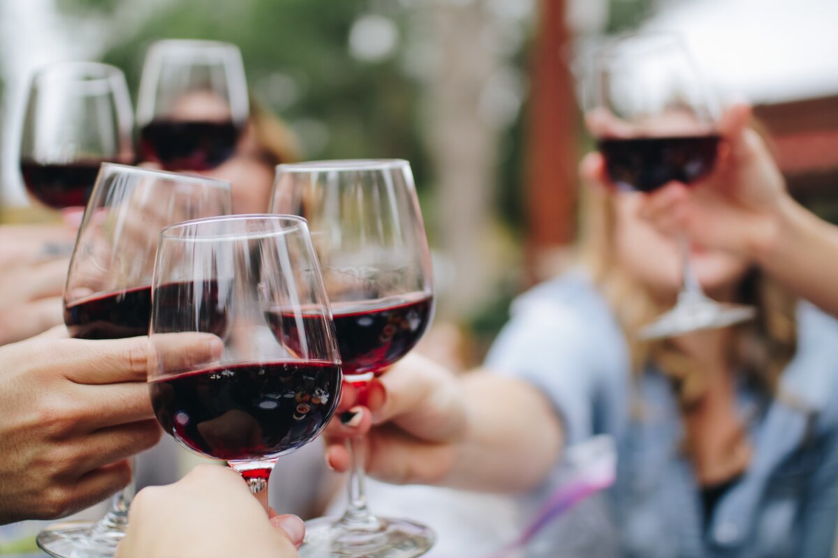 Friends raising glasses of red wine during a wine tasting experience in Portugal's Douro Valley.