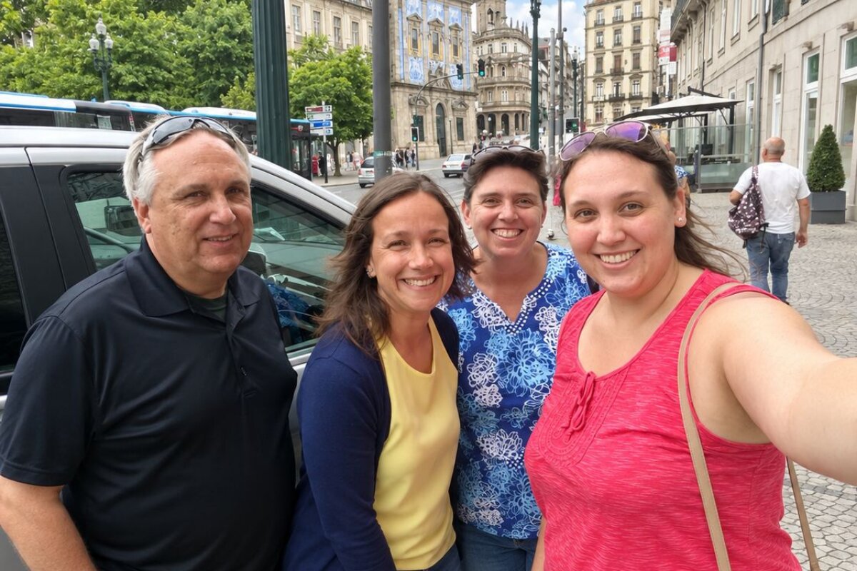 Portugal Premium Tours guide Filipa smiling alongside three clients during a private Porto city tour, surrounded by historic architecture in Porto, Portugal.